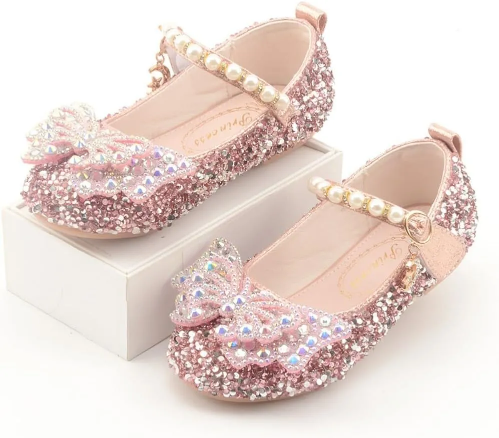 Girls Sparkle Princess Dress Shoes Bow Wedding Party Flower Bridesmaids Mary Jane Ballet Flats for Kid Toddler