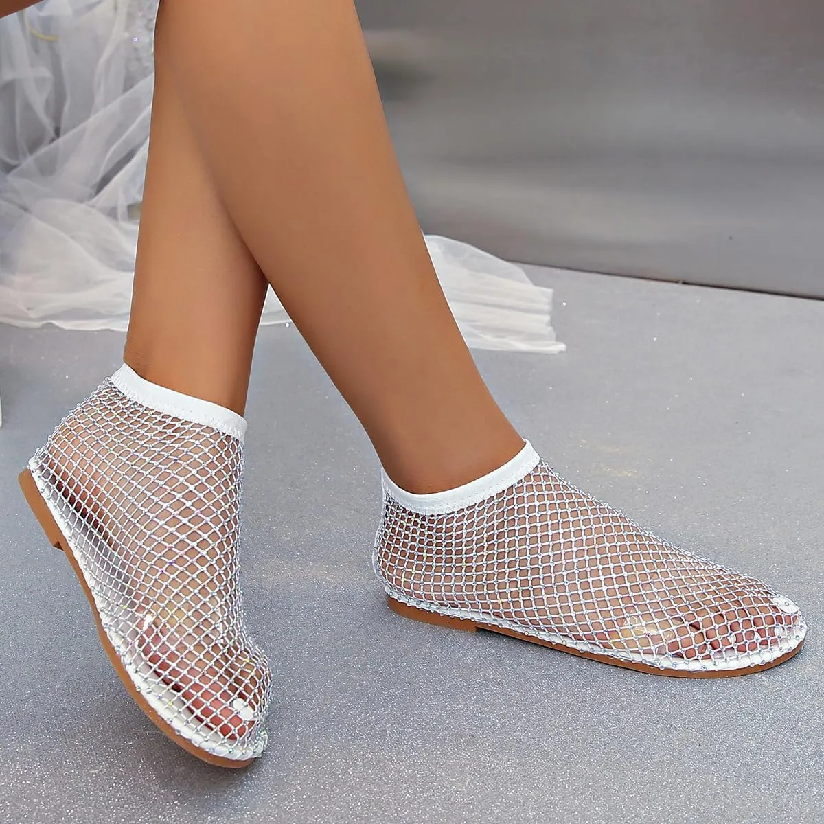 Glitter Stretchy Shoes, Ultra Comfortable Shiny Gem Mesh Flats, Ballet Flats for Women Sandals Women Dressy Summer Flat Shoes Slip On Sandals