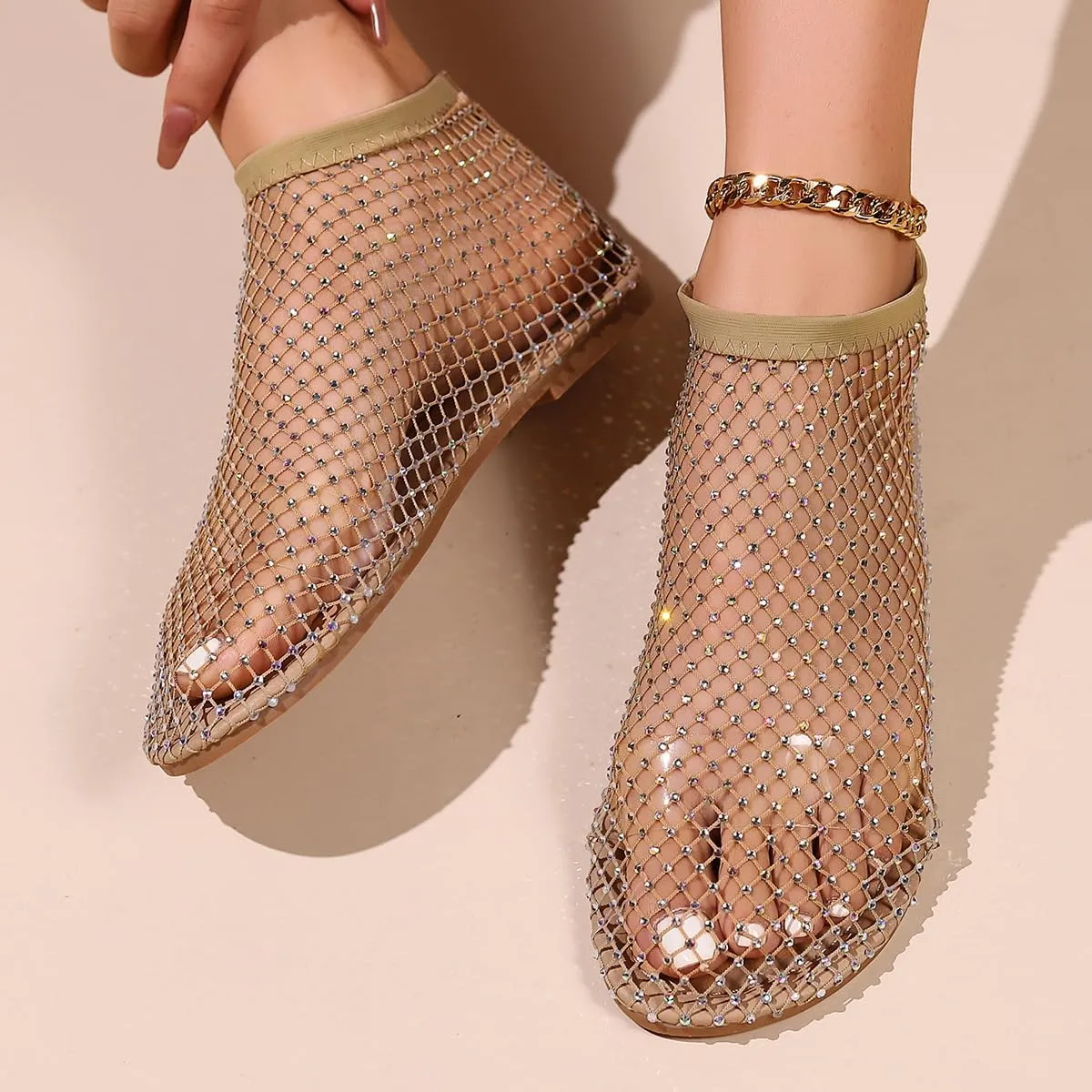 Glitter Stretchy Shoes, Ultra Comfortable Shiny Gem Mesh Flats, Ballet Flats for Women Sandals Women Dressy Summer Flat Shoes Slip On Sandals