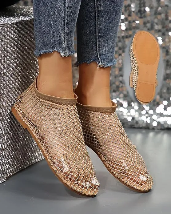 Glittery Stretchy Net Shoes Women Ultra Comfortable Shiny Gem Mesh Flats Sparkle Shoe