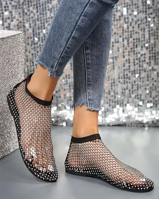 Glittery Stretchy Net Shoes Women Ultra Comfortable Shiny Gem Mesh Flats Sparkle Shoe