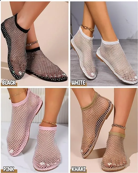 Glittery Stretchy Net Shoes Women Ultra Comfortable Shiny Gem Mesh Flats Sparkle Shoe