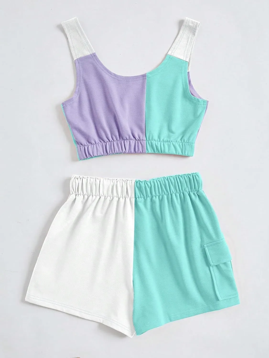 GORGLITTER Women's 2pcs Colorblock Patchwork Outfits Crop Tank Top Drawstring Waist Flap Pocket Side Shorts Set