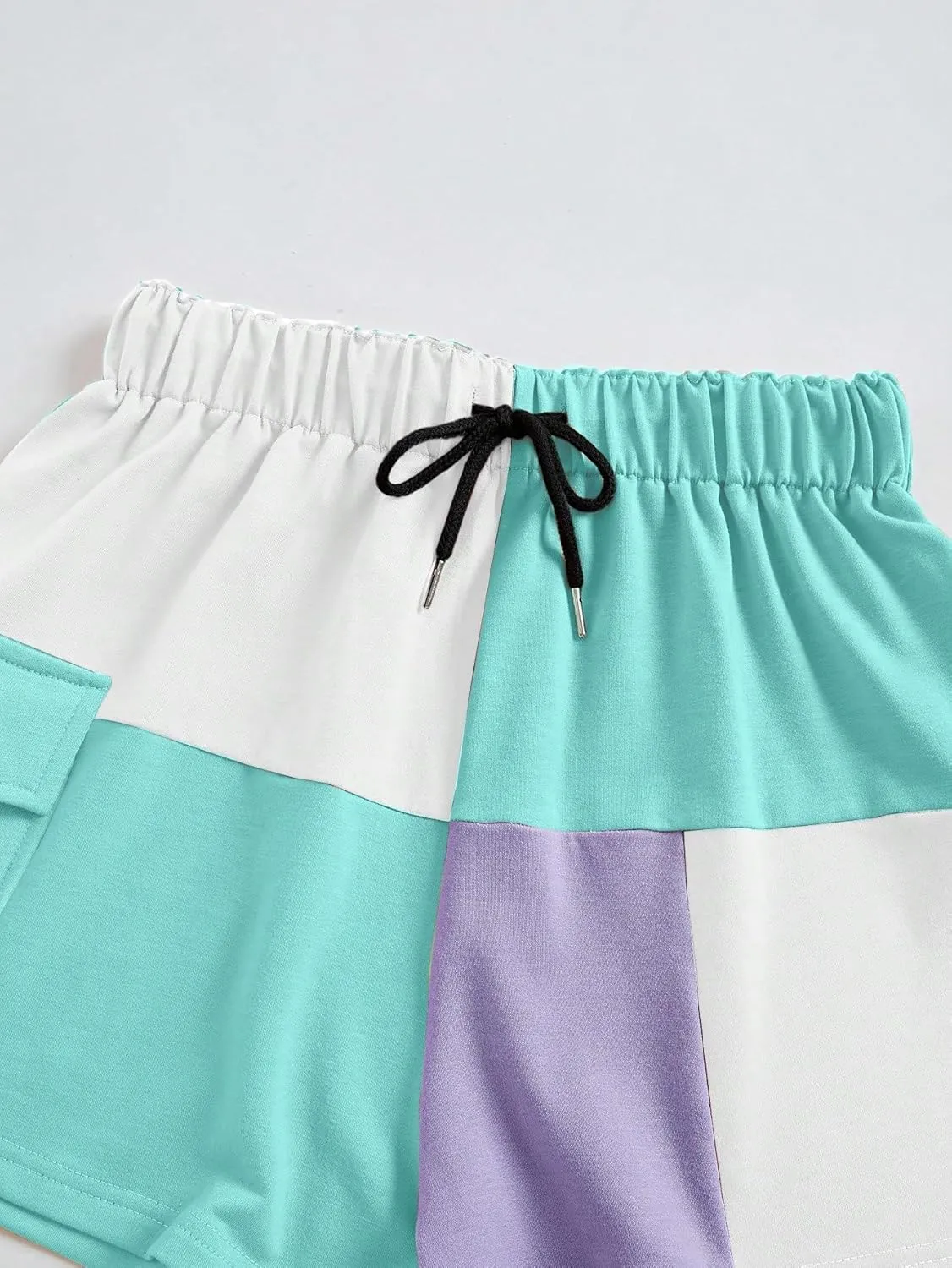 GORGLITTER Women's 2pcs Colorblock Patchwork Outfits Crop Tank Top Drawstring Waist Flap Pocket Side Shorts Set