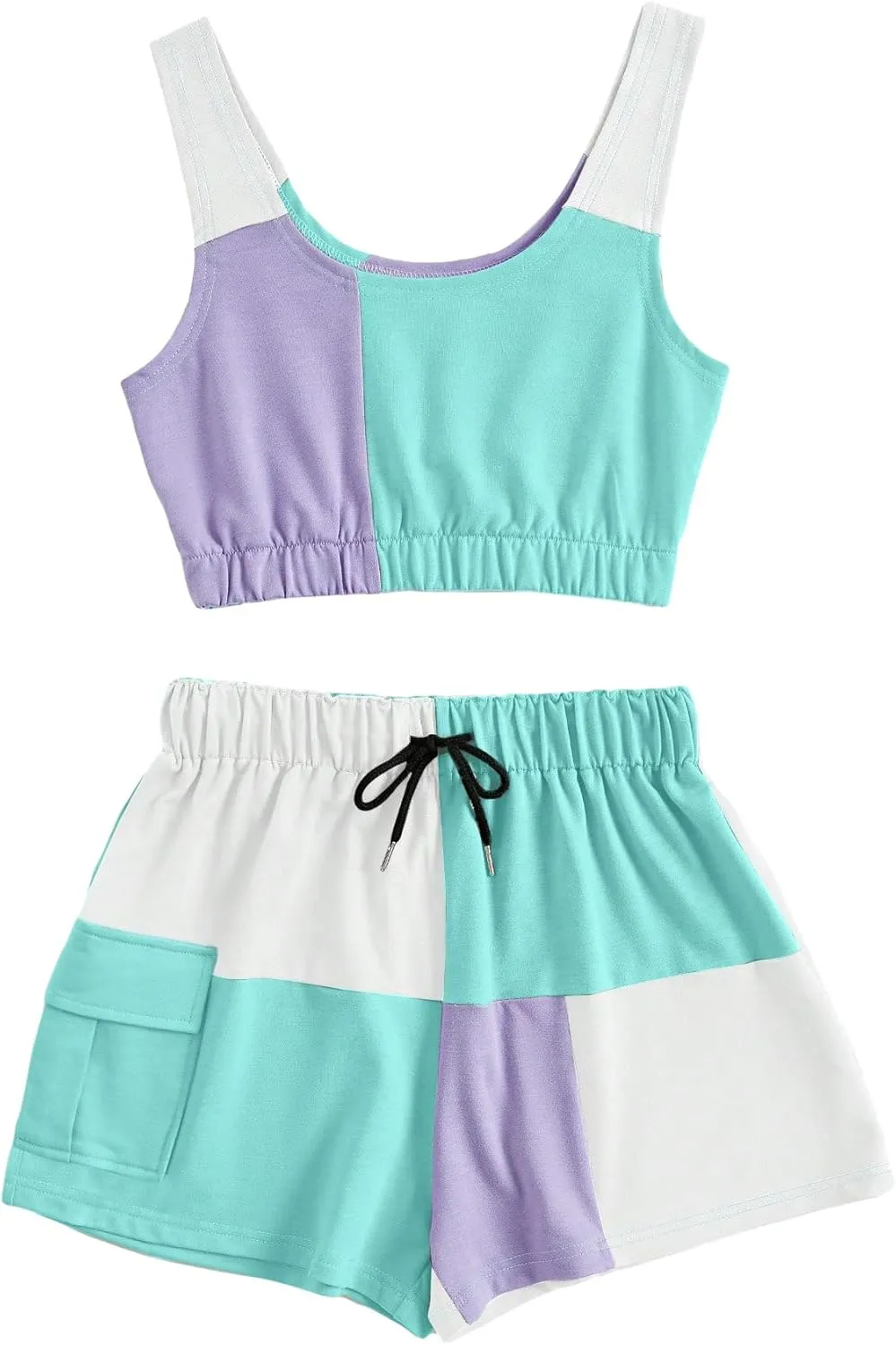 GORGLITTER Women's 2pcs Colorblock Patchwork Outfits Crop Tank Top Drawstring Waist Flap Pocket Side Shorts Set