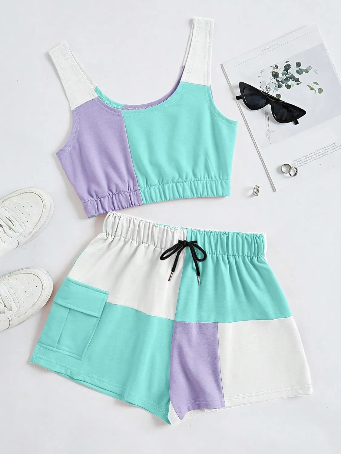 GORGLITTER Women's 2pcs Colorblock Patchwork Outfits Crop Tank Top Drawstring Waist Flap Pocket Side Shorts Set