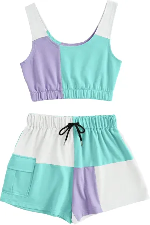 GORGLITTER Women's 2pcs Colorblock Patchwork Outfits Crop Tank Top Drawstring Waist Flap Pocket Side Shorts Set