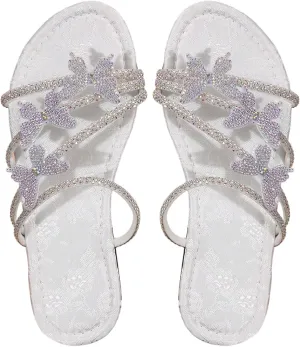 GORGLITTER Women's Butterfly Sandals Dressy Cute Strappy Glitter Rhinestone Open Toe Slides Wedding Bridal Flats Sandal