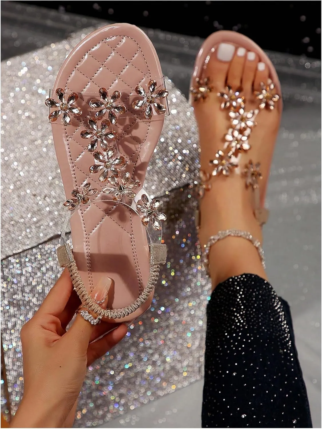 GORGLITTER Women's Butterfly Strappy Clear Glitter Ankle Sandals Dressy 2025 Cute Summer Wedding Bridal Flats Sandal