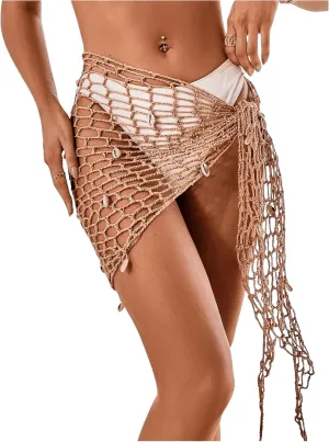 GORGLITTER Women's Crochet Shell Decor Sarong Wraps Hollow Out Tie Side Bikini Cover Up Skirts Swimsuits