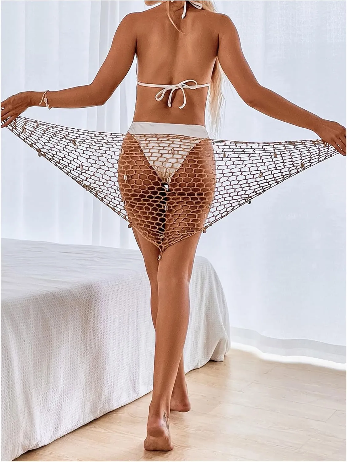 GORGLITTER Women's Crochet Shell Decor Sarong Wraps Hollow Out Tie Side Bikini Cover Up Skirts Swimsuits