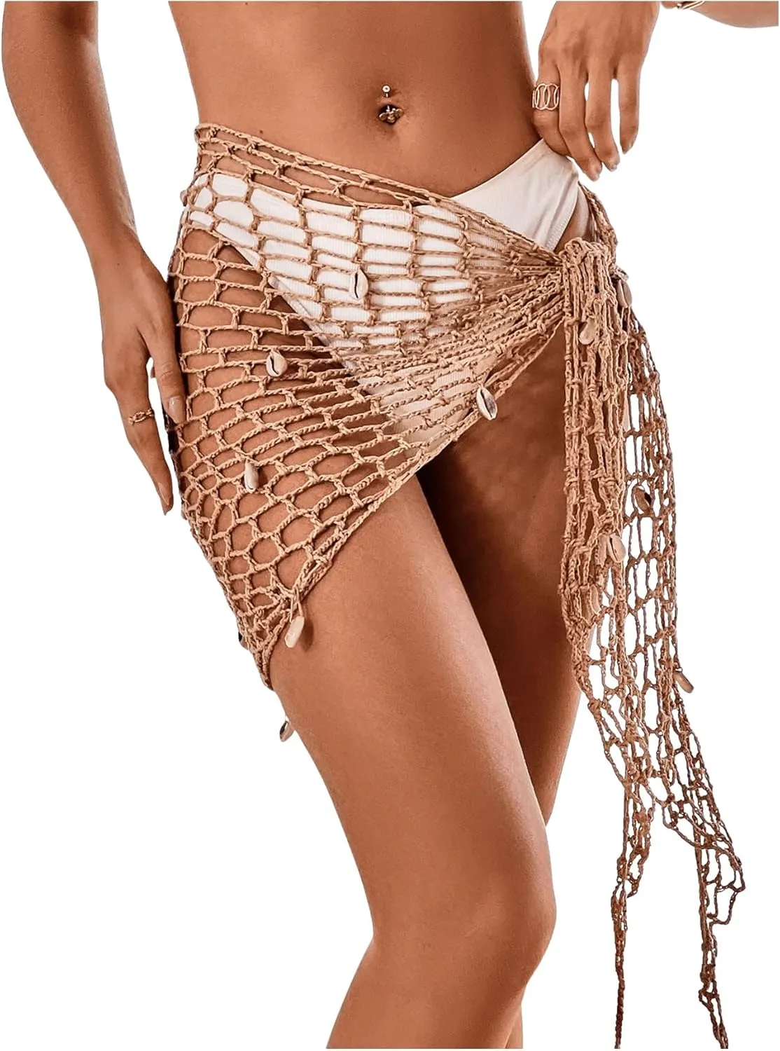 GORGLITTER Women's Crochet Shell Decor Sarong Wraps Hollow Out Tie Side Bikini Cover Up Skirts Swimsuits