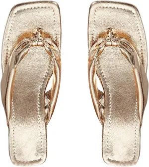 GORGLITTER Women's Gold Flat Sandals Metallic Square Toe Ruched Strap Thong Sandals