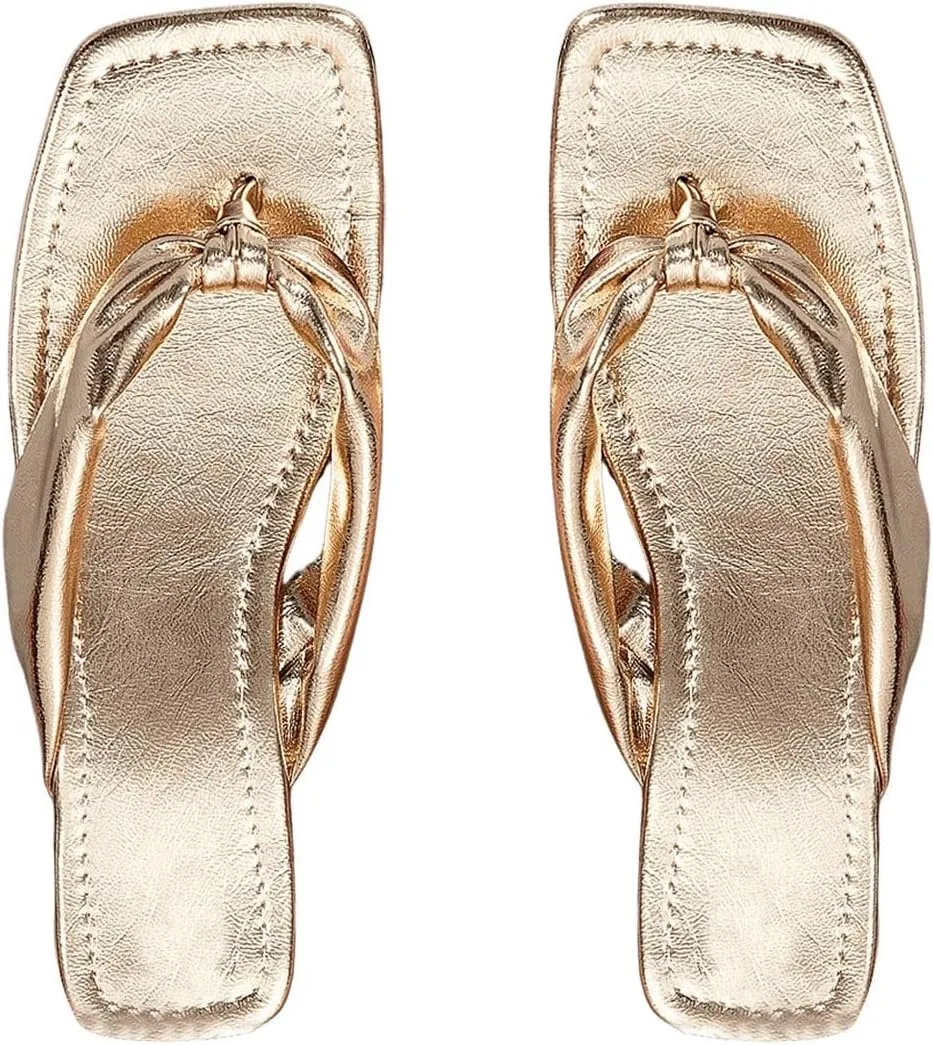 GORGLITTER Women's Gold Flat Sandals Metallic Square Toe Ruched Strap Thong Sandals