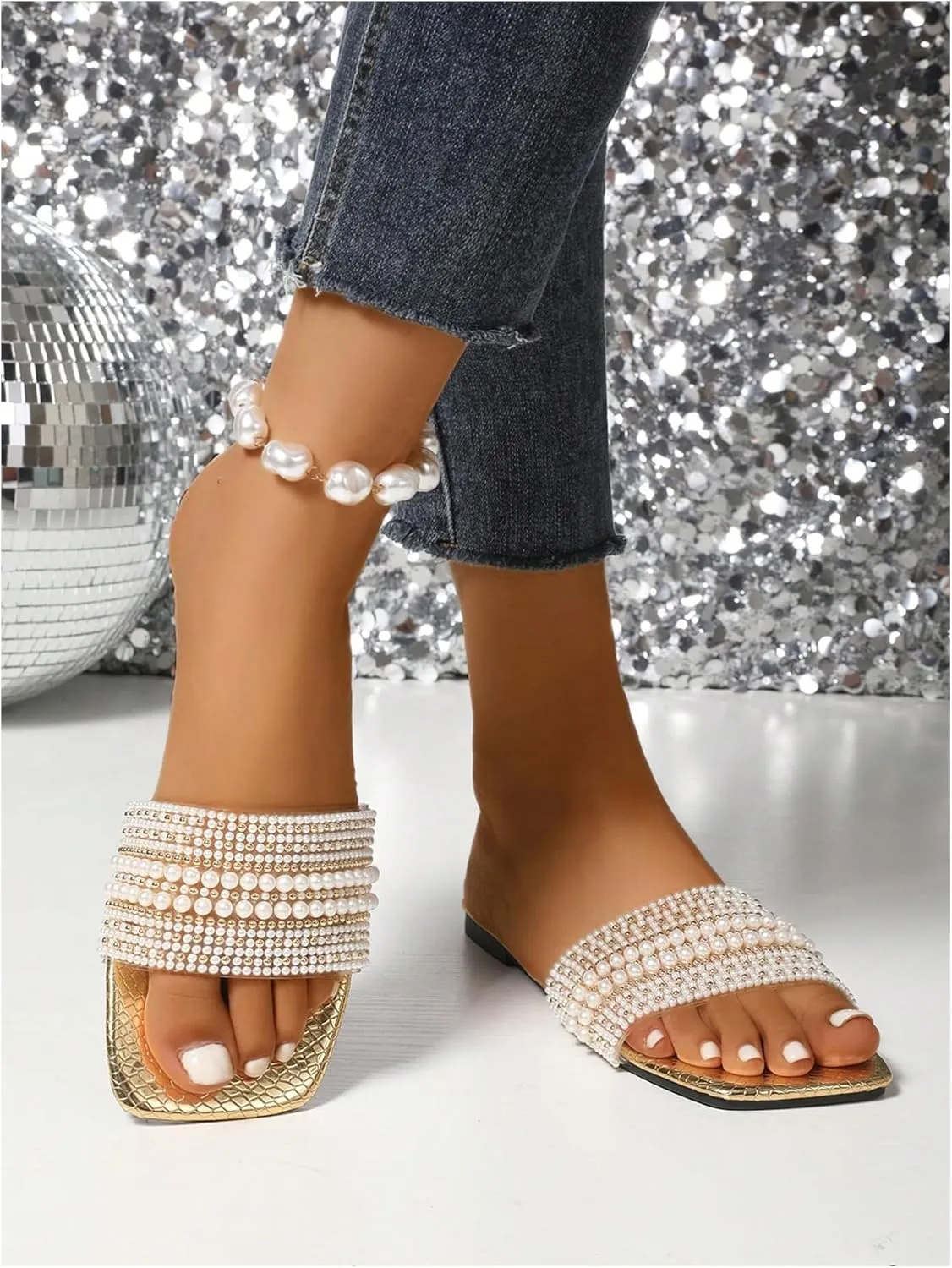 GORGLITTER Women's Metallic Pearls Beaded Flats Clear Square Open Toe Embossed Slide Sandals
