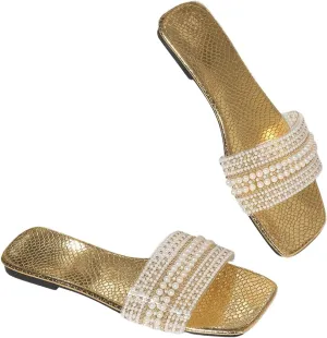GORGLITTER Women's Metallic Pearls Beaded Flats Clear Square Open Toe Embossed Slide Sandals