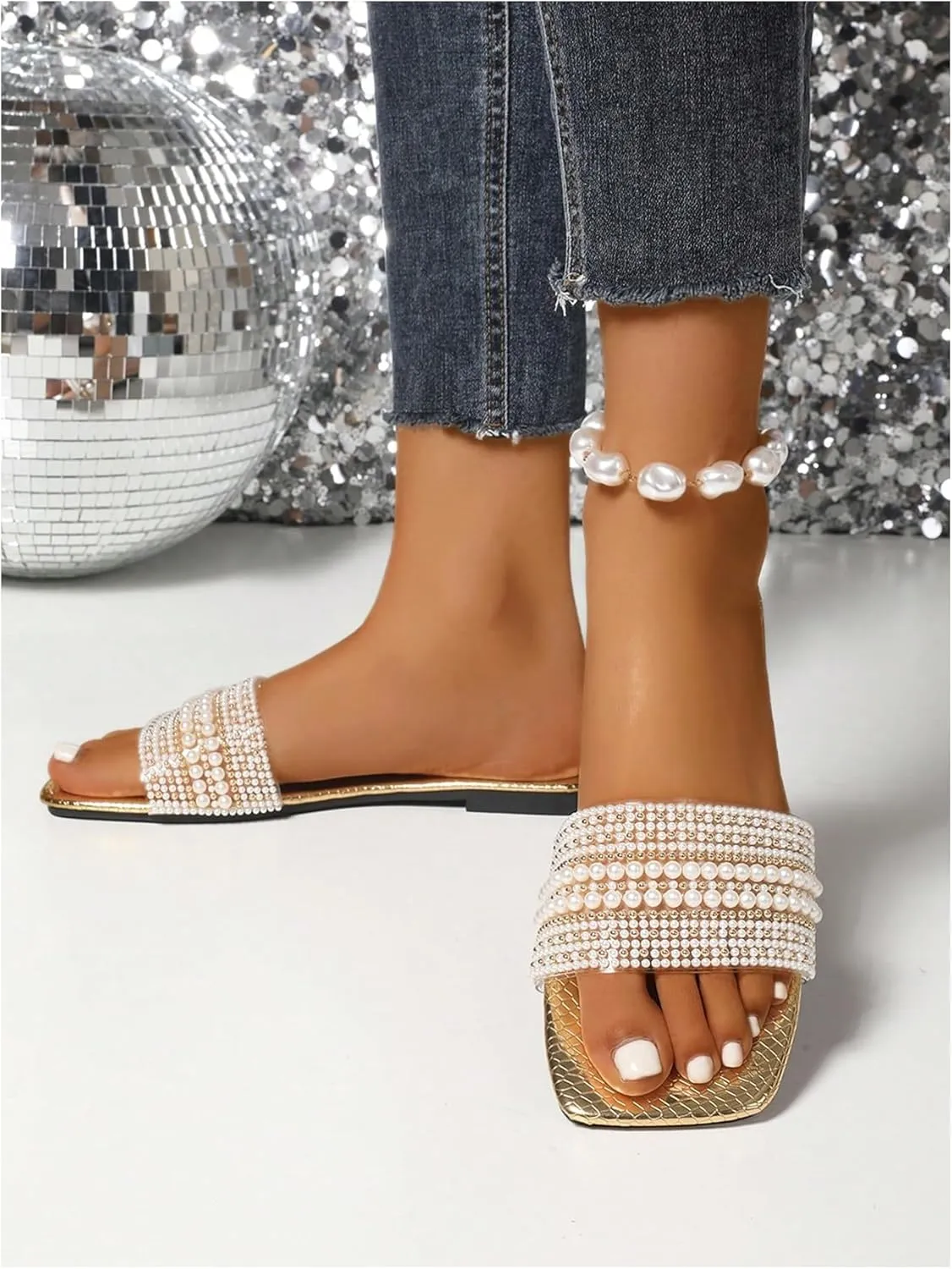 GORGLITTER Women's Metallic Pearls Beaded Flats Clear Square Open Toe Embossed Slide Sandals