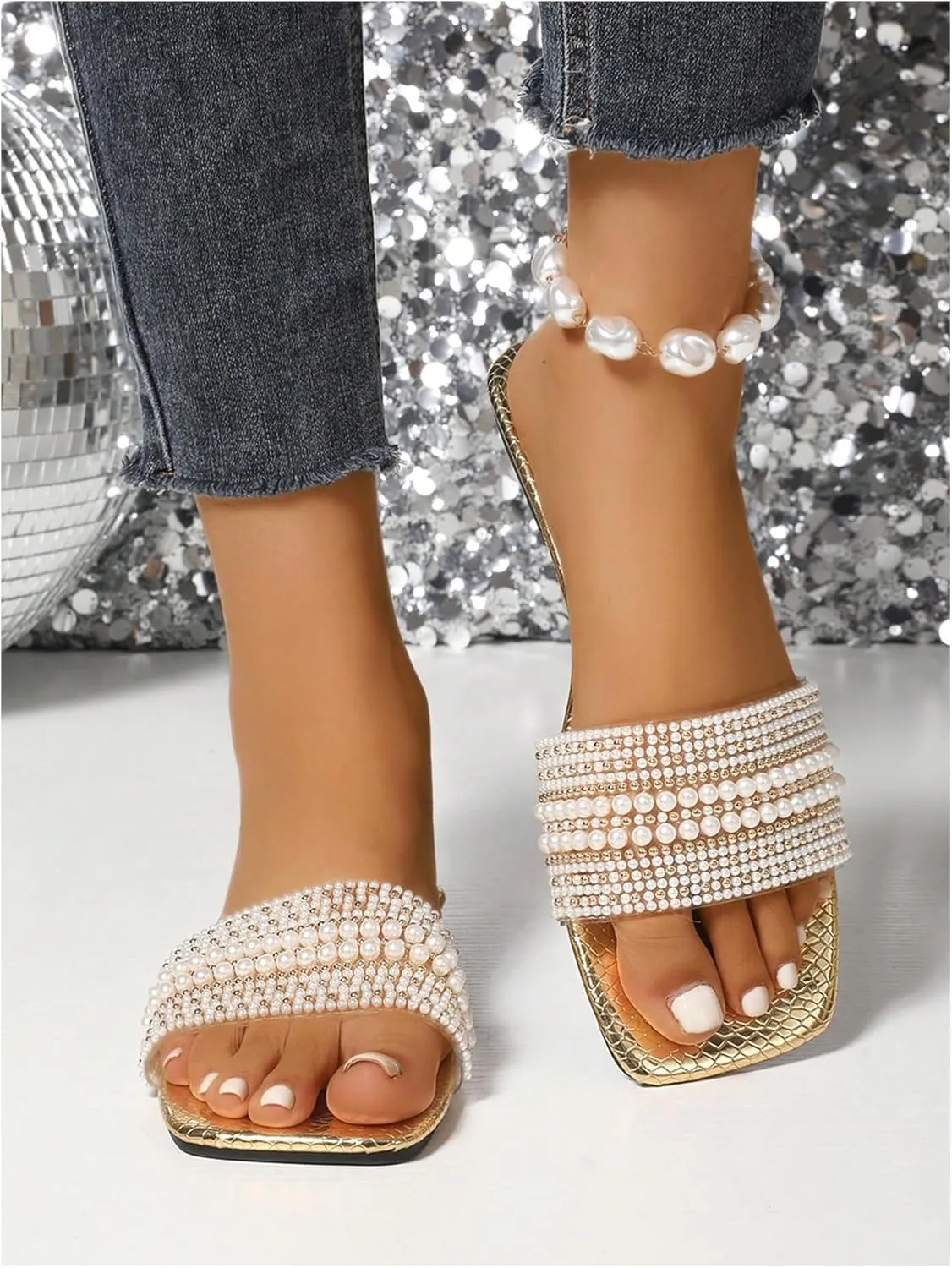 GORGLITTER Women's Metallic Pearls Beaded Flats Clear Square Open Toe Embossed Slide Sandals