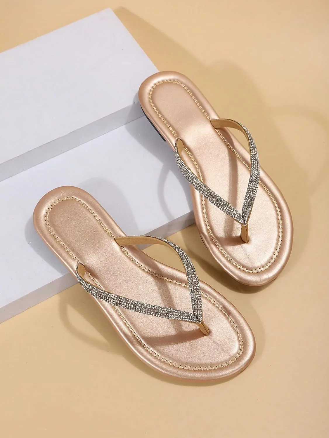 GORGLITTER Women's Rhinestone Sparkly Flat Sandals Open Toe Beach Slides Flip Flops