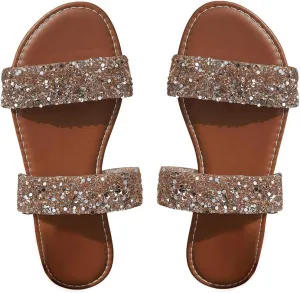 GORGLITTER Women's Sparkly Glitter Flats Sandal Sequin Two Band Open Toe Slip on Slides Wedding Sandals