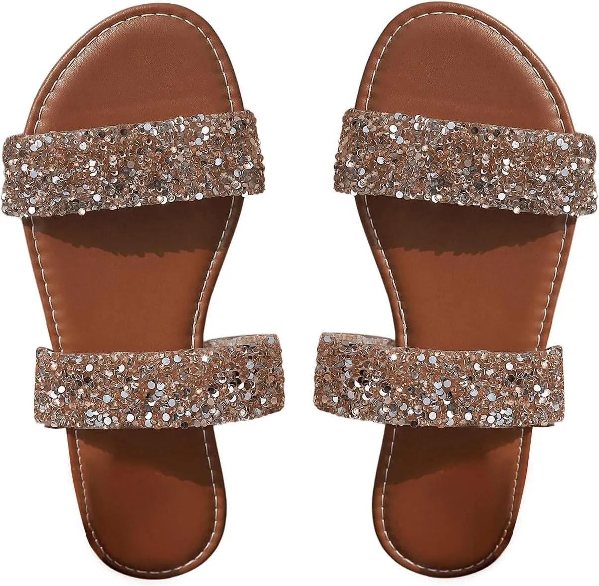 GORGLITTER Women's Sparkly Glitter Flats Sandal Sequin Two Band Open Toe Slip on Slides Wedding Sandals