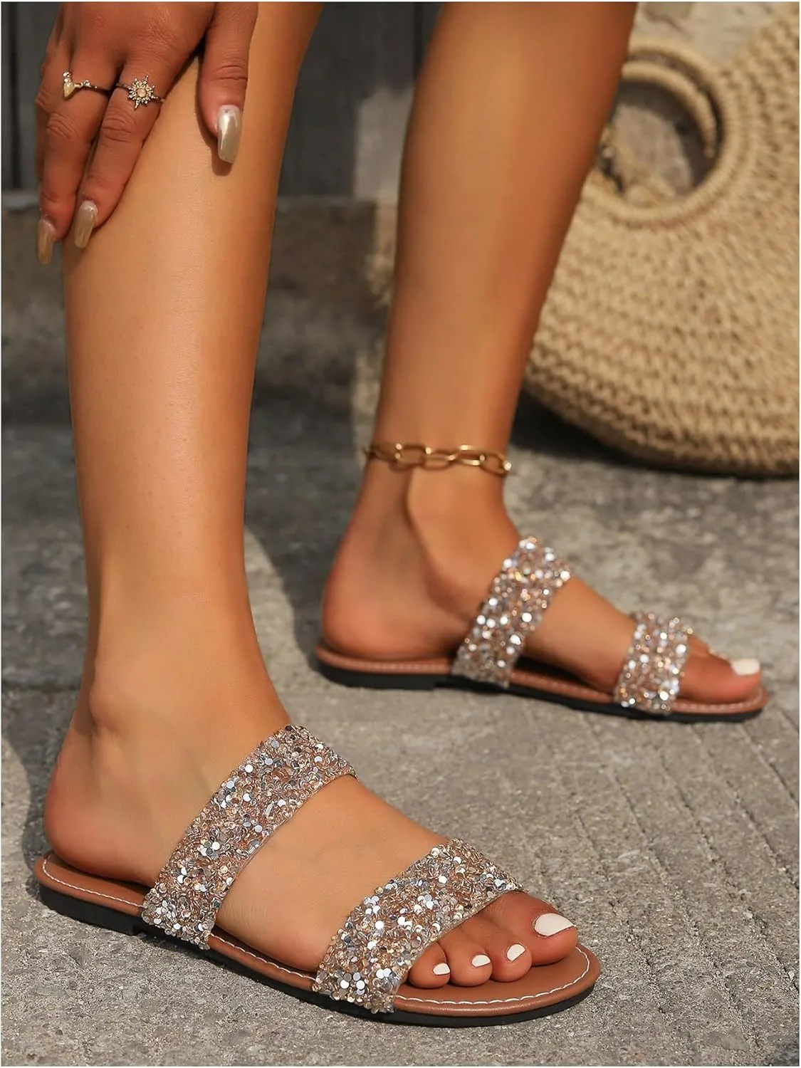 GORGLITTER Women's Sparkly Glitter Flats Sandal Sequin Two Band Open Toe Slip on Slides Wedding Sandals