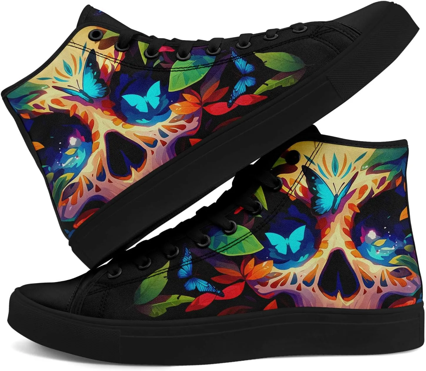 Gothic Skull High Top Canvas Sneakers for Men Women Butterflies Flames Flower Vivid Lace up Flat Casual Walking Shoes