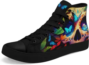 Gothic Skull High Top Canvas Sneakers for Men Women Butterflies Flames Flower Vivid Lace up Flat Casual Walking Shoes