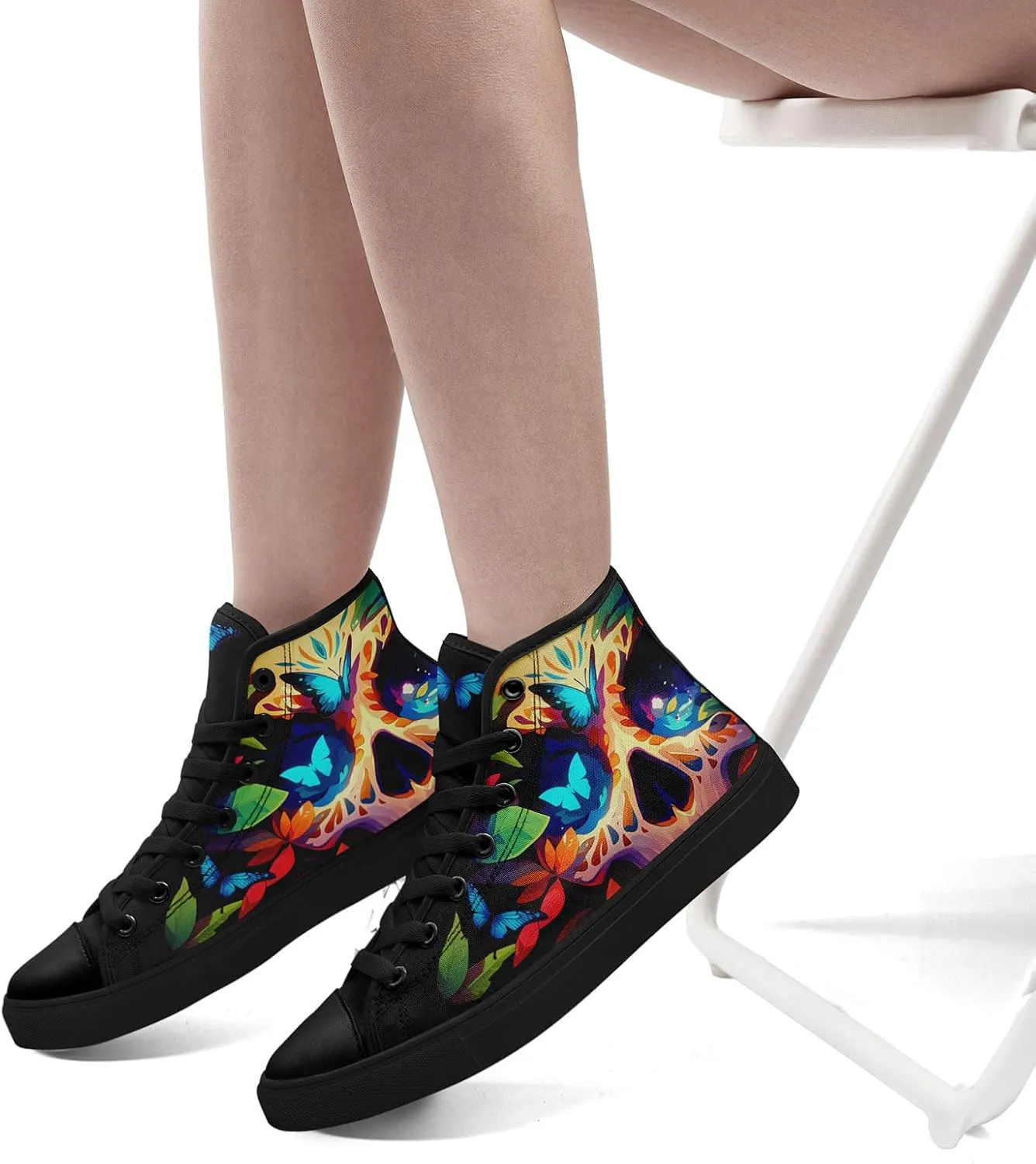 Gothic Skull High Top Canvas Sneakers for Men Women Butterflies Flames Flower Vivid Lace up Flat Casual Walking Shoes