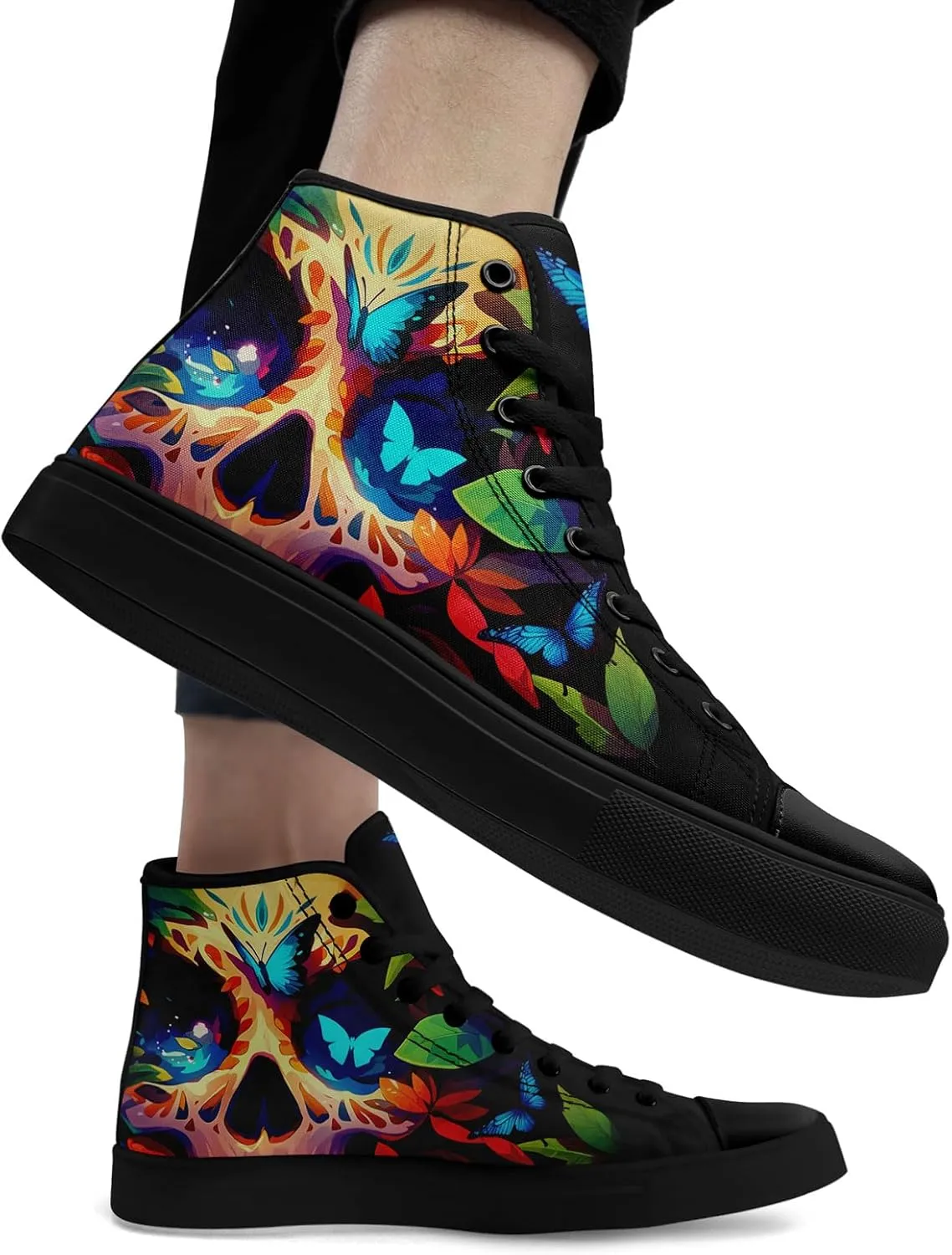 Gothic Skull High Top Canvas Sneakers for Men Women Butterflies Flames Flower Vivid Lace up Flat Casual Walking Shoes