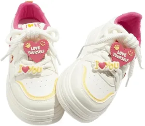 Heart & Bear Charms Sneakers - Y2K Retro Chunky Platform Cute Shoes for Women & Girls, Comfy Thick Sole Lace-Up White Casual Trainers for Back to School, Birthday Gifts, Kawaii Minimalist Streetwear
