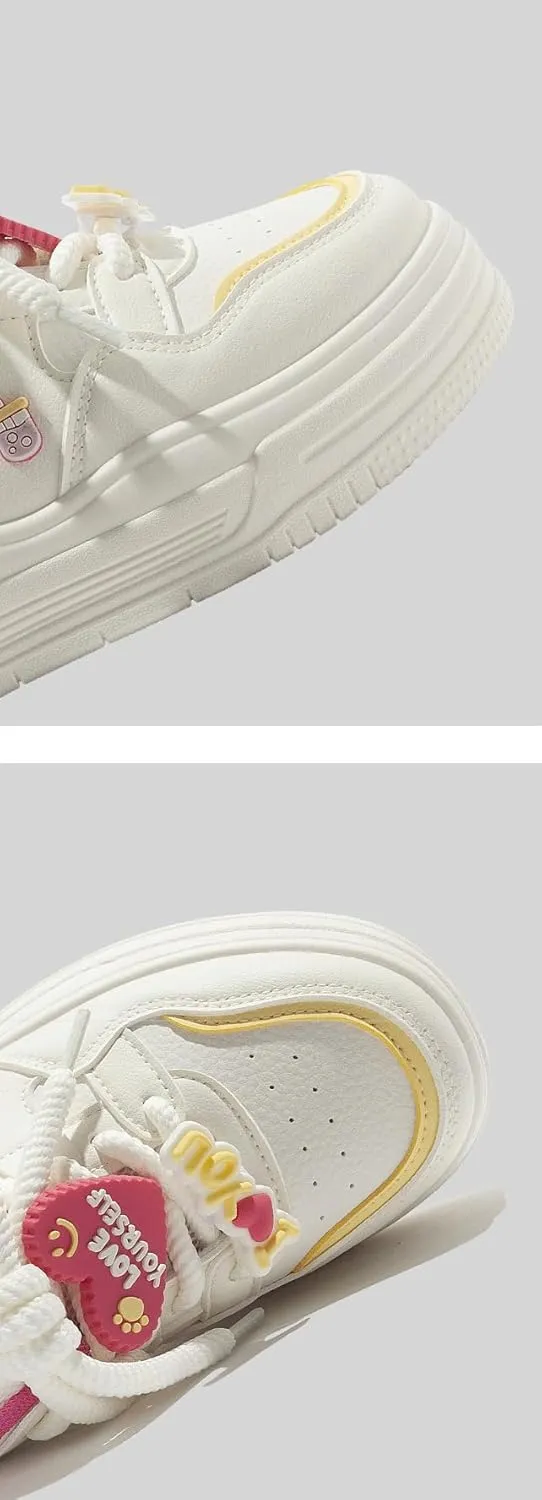 Heart & Bear Charms Sneakers - Y2K Retro Chunky Platform Cute Shoes for Women & Girls, Comfy Thick Sole Lace-Up White Casual Trainers for Back to School, Birthday Gifts, Kawaii Minimalist Streetwear