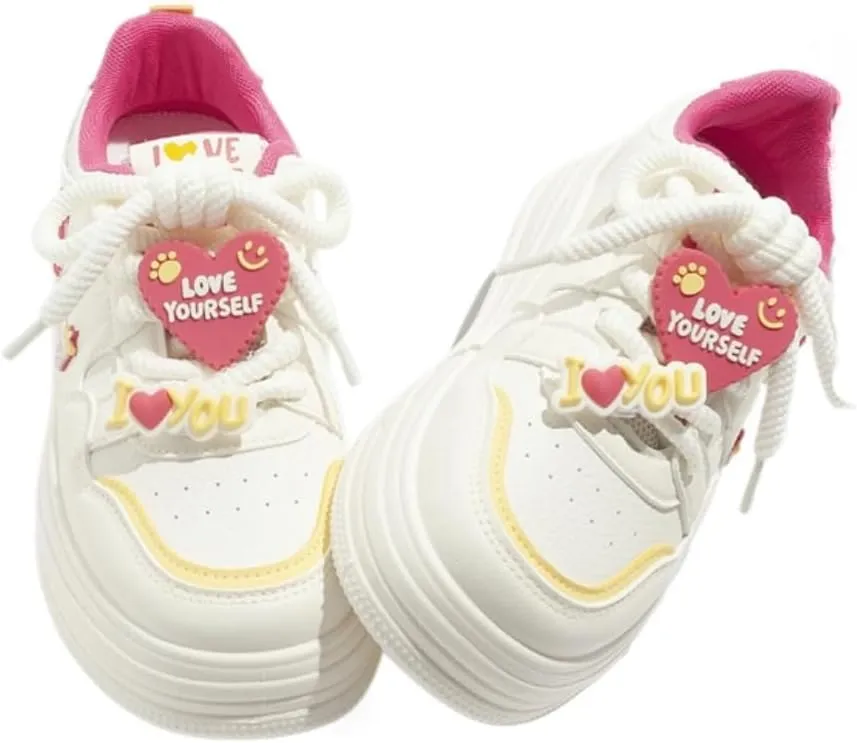 Heart & Bear Charms Sneakers - Y2K Retro Chunky Platform Cute Shoes for Women & Girls, Comfy Thick Sole Lace-Up White Casual Trainers for Back to School, Birthday Gifts, Kawaii Minimalist Streetwear