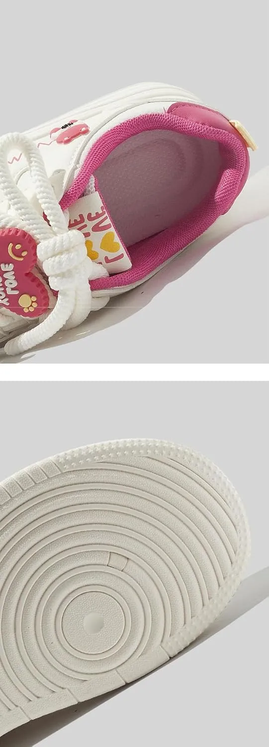 Heart & Bear Charms Sneakers - Y2K Retro Chunky Platform Cute Shoes for Women & Girls, Comfy Thick Sole Lace-Up White Casual Trainers for Back to School, Birthday Gifts, Kawaii Minimalist Streetwear