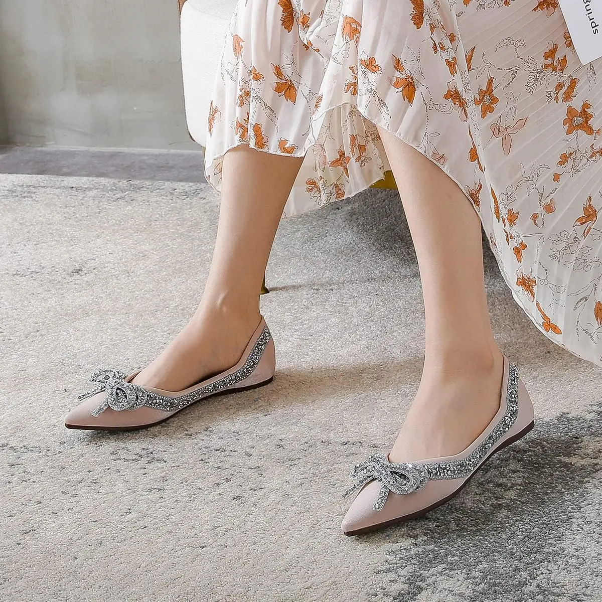 Hee grand Flats for Women Bowknot Mary Jane Shoes Square Toe Ankle Strap Ballet Flats Shiny Patent Leather Dress Shoes Comfortable Work Shoes