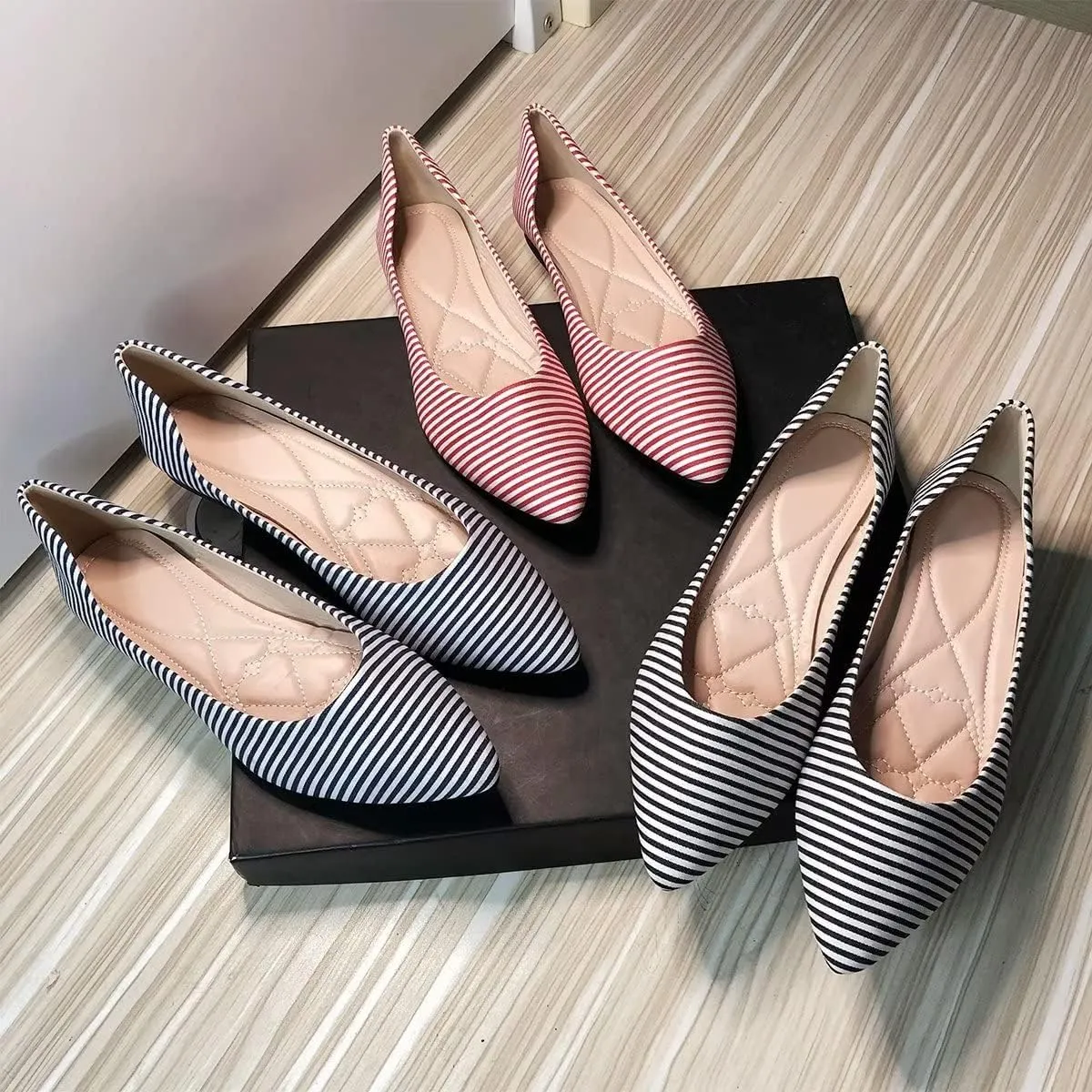 Hee grand Navy Stripe Canvas Shoes Pointed Toe Shallow Flats for Women Lightweight Slip-On Loafers Comfort Walking Flats Dressy Shoes