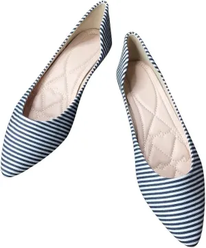 Hee grand Navy Stripe Canvas Shoes Pointed Toe Shallow Flats for Women Lightweight Slip-On Loafers Comfort Walking Flats Dressy Shoes
