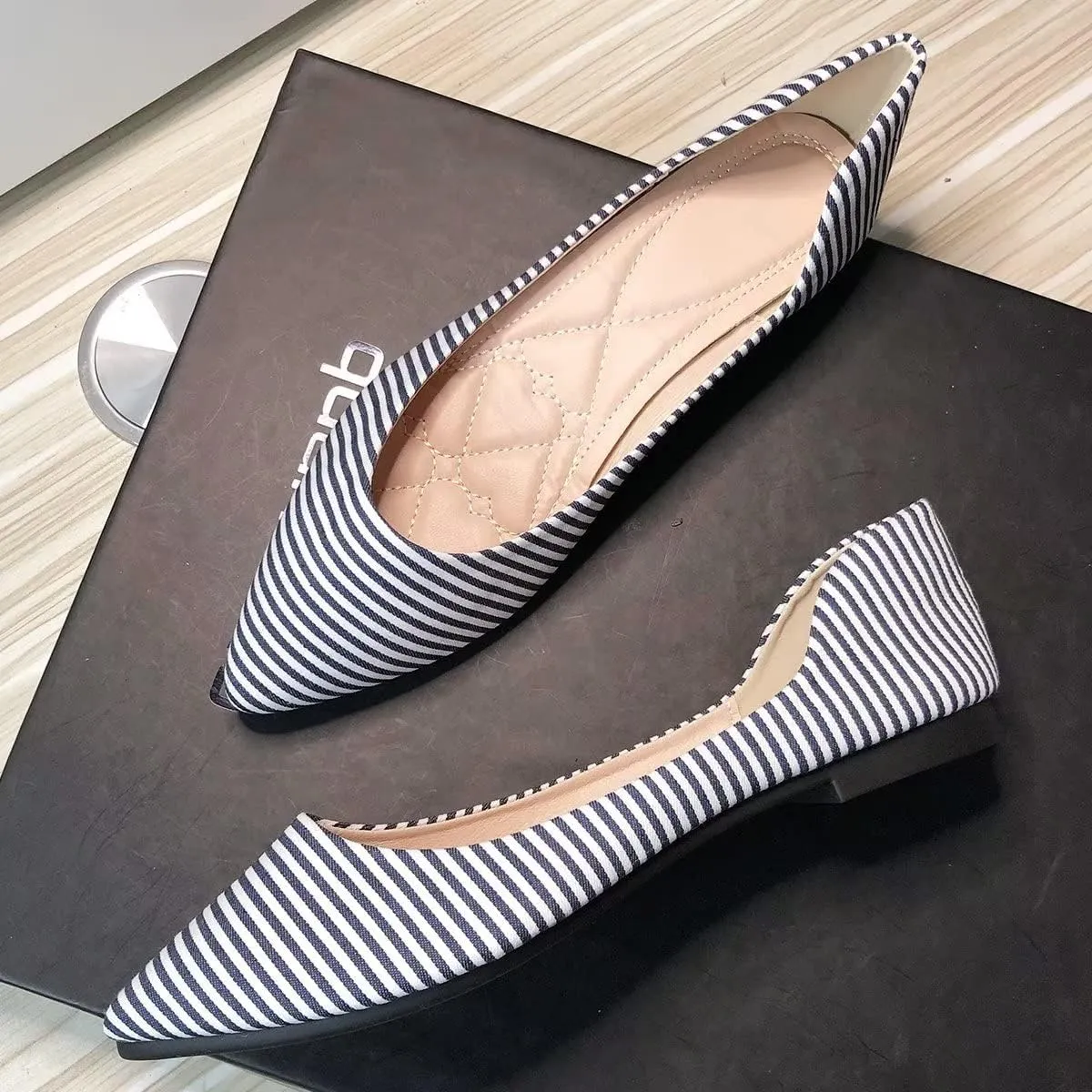 Hee grand Navy Stripe Canvas Shoes Pointed Toe Shallow Flats for Women Lightweight Slip-On Loafers Comfort Walking Flats Dressy Shoes