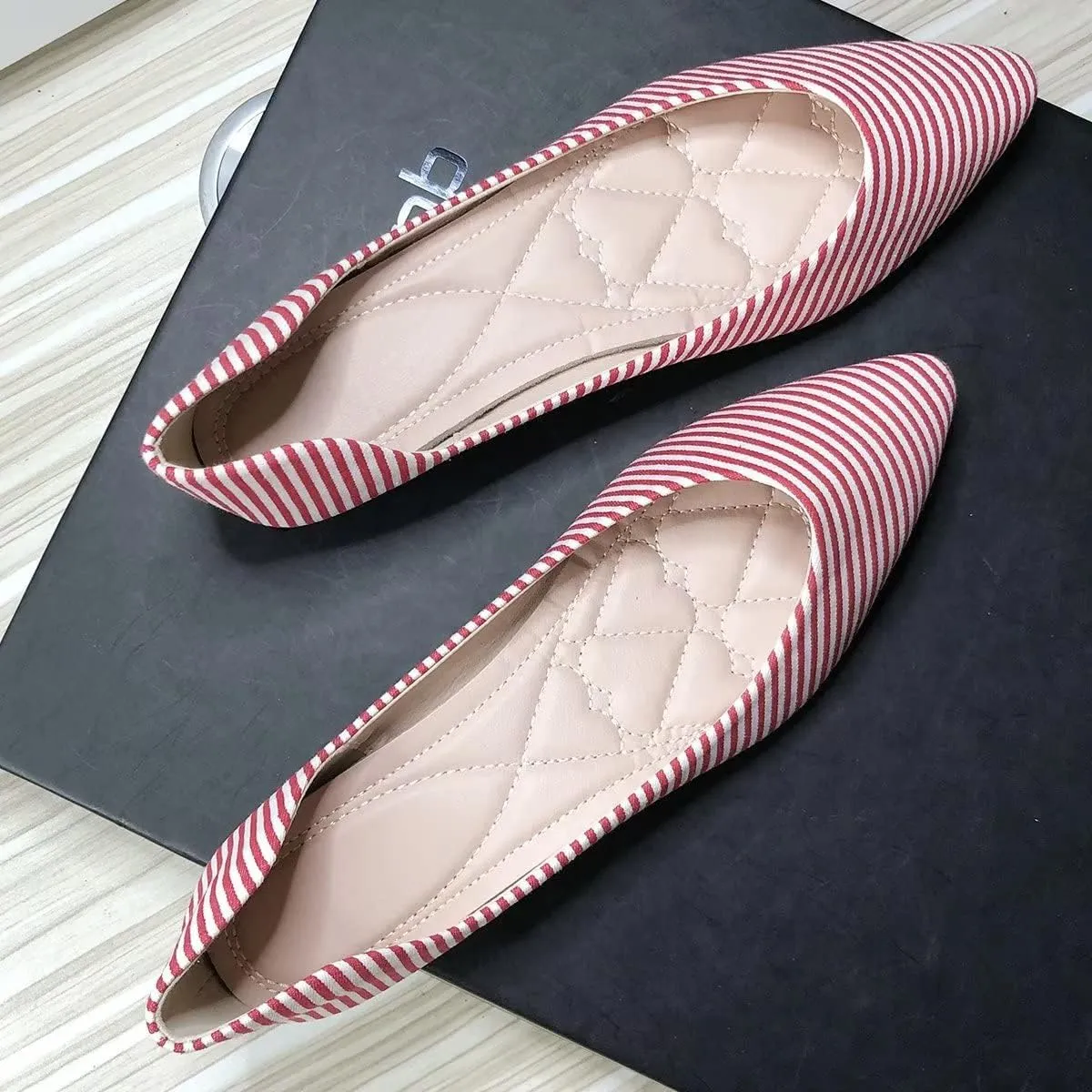 Hee grand Navy Stripe Canvas Shoes Pointed Toe Shallow Flats for Women Lightweight Slip-On Loafers Comfort Walking Flats Dressy Shoes