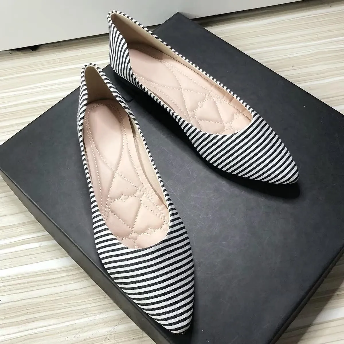 Hee grand Navy Stripe Canvas Shoes Pointed Toe Shallow Flats for Women Lightweight Slip-On Loafers Comfort Walking Flats Dressy Shoes