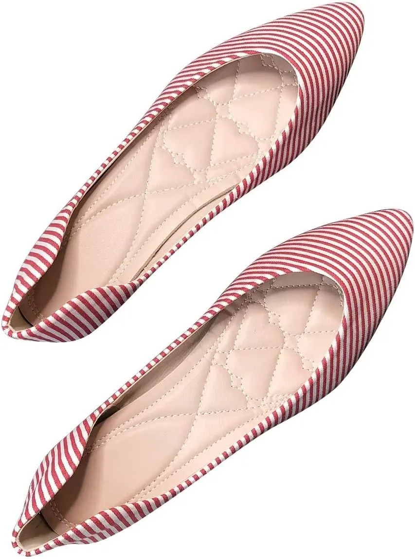 Hee grand Navy Stripe Canvas Shoes Pointed Toe Shallow Flats for Women Lightweight Slip-On Loafers Comfort Walking Flats Dressy Shoes