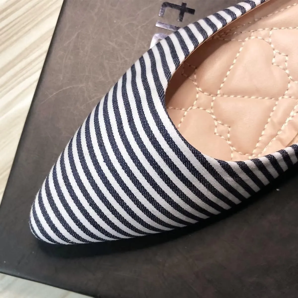 Hee grand Navy Stripe Canvas Shoes Pointed Toe Shallow Flats for Women Lightweight Slip-On Loafers Comfort Walking Flats Dressy Shoes