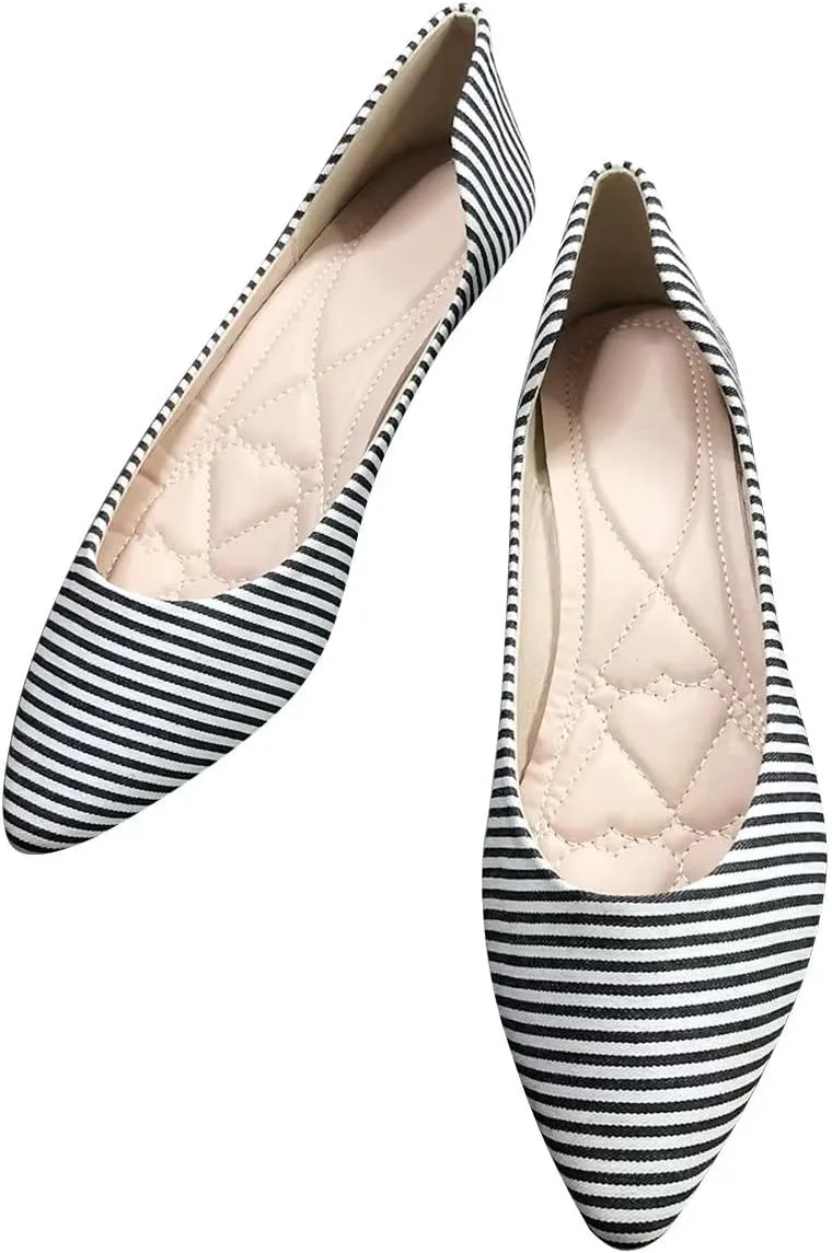 Hee grand Navy Stripe Canvas Shoes Pointed Toe Shallow Flats for Women Lightweight Slip-On Loafers Comfort Walking Flats Dressy Shoes
