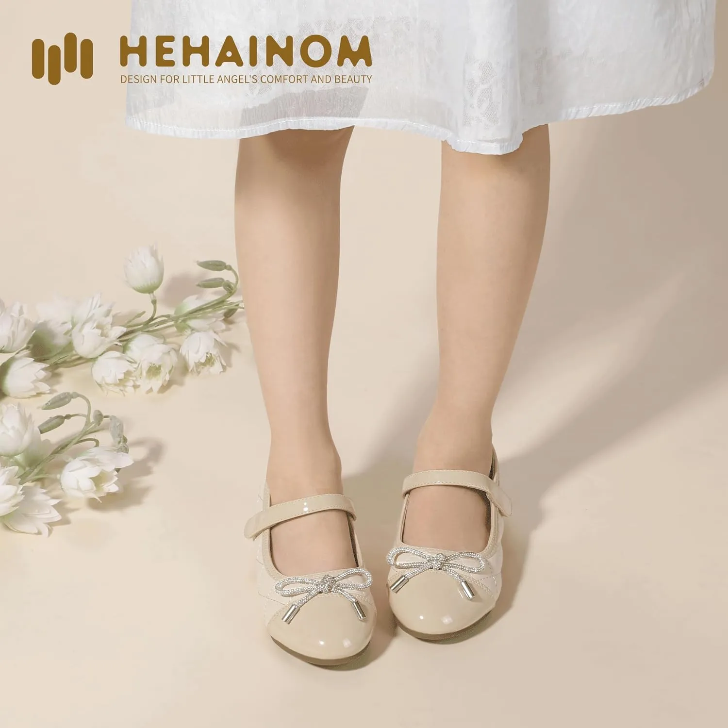 Hehainom Girls Dress Shoes Flower Girl Wedding Party School Little Big Kids Rhinestone Bow Ballet Flats Shoes