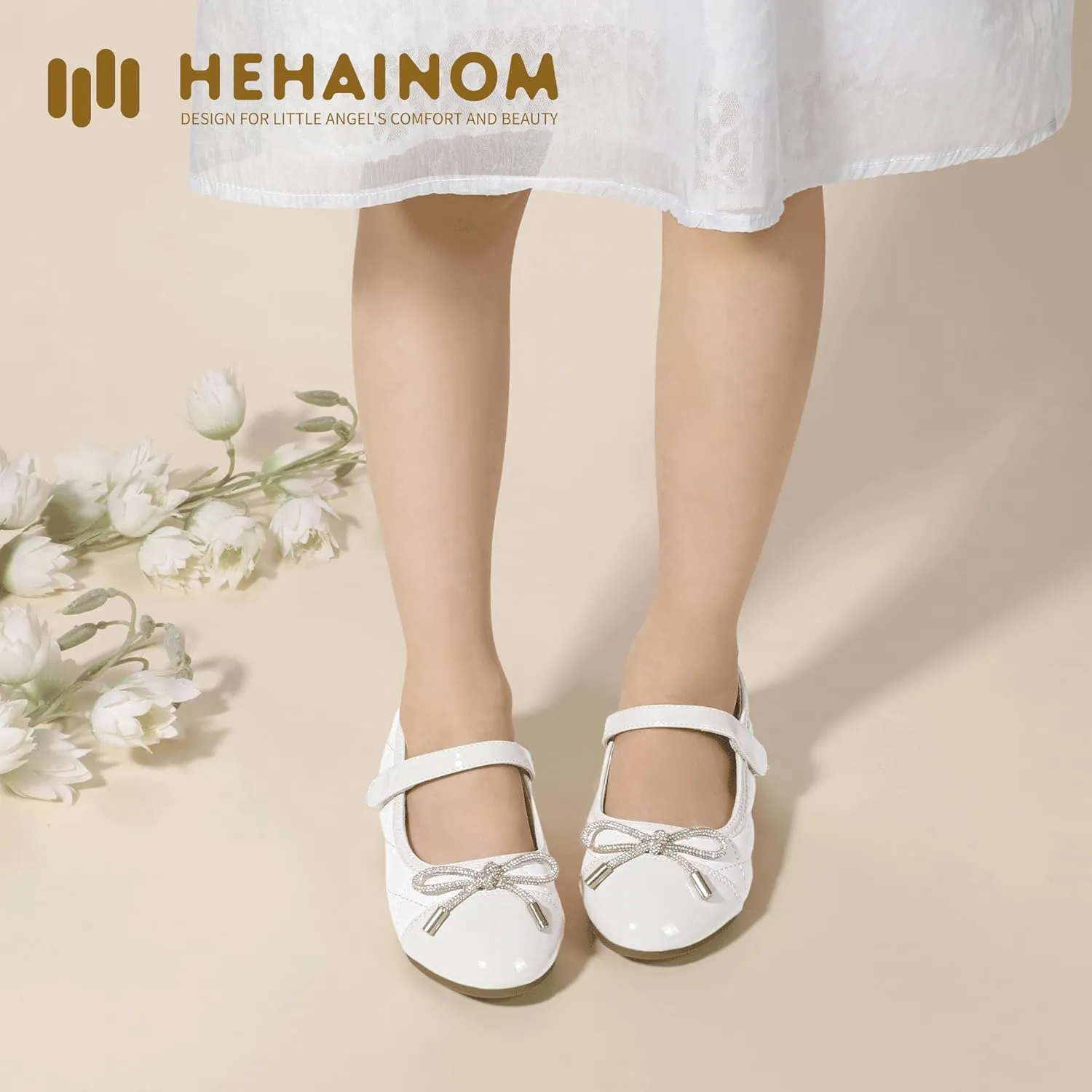Hehainom Girls Dress Shoes Flower Girl Wedding Party School Little Big Kids Rhinestone Bow Ballet Flats Shoes
