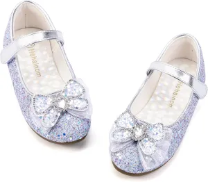 Hehainom Toddler Dress Shoes Mary Jane Ballet Flats Sparkly Bow Little Kid Girls Wedding Party Shoes