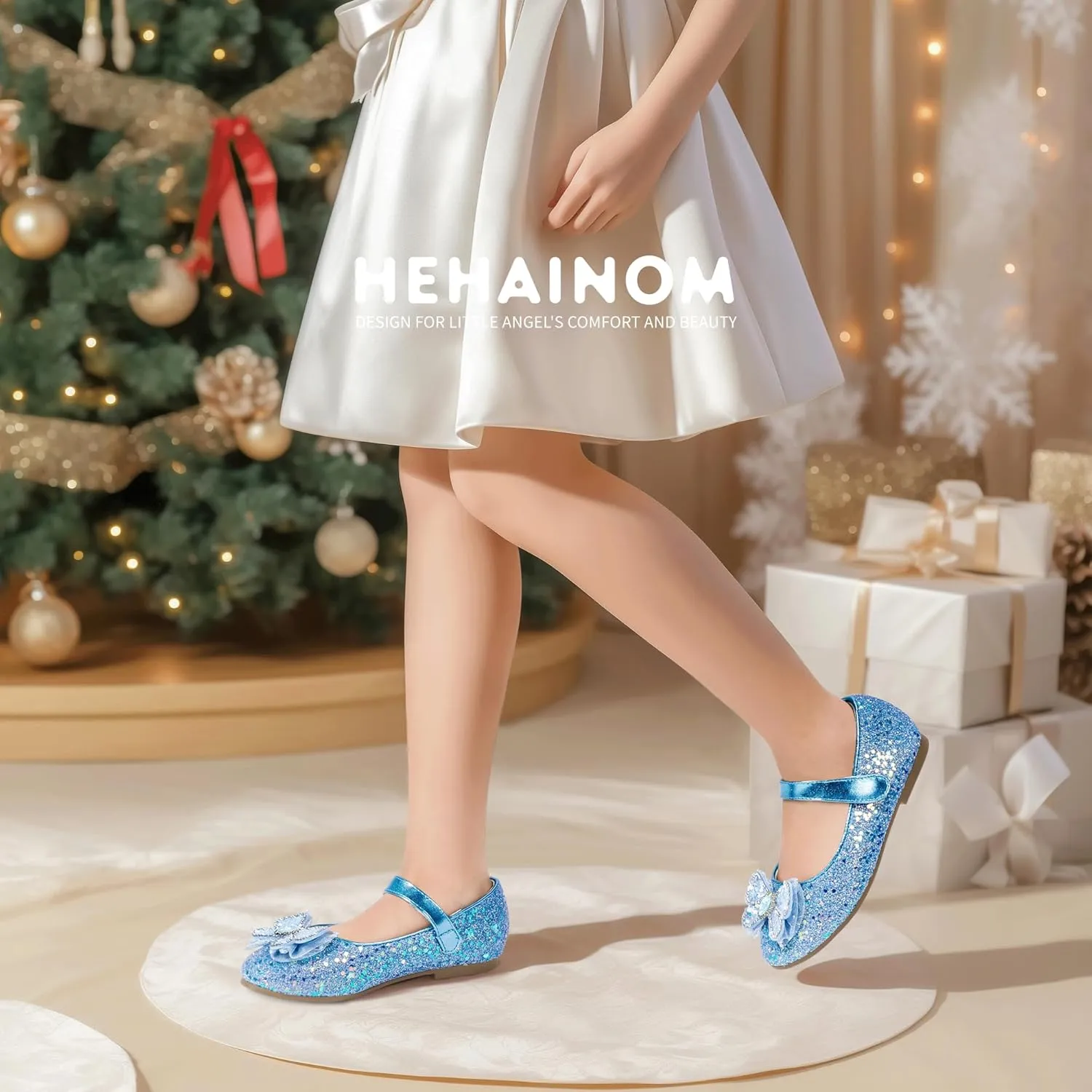 Hehainom Toddler Dress Shoes Mary Jane Ballet Flats Sparkly Bow Little Kid Girls Wedding Party Shoes