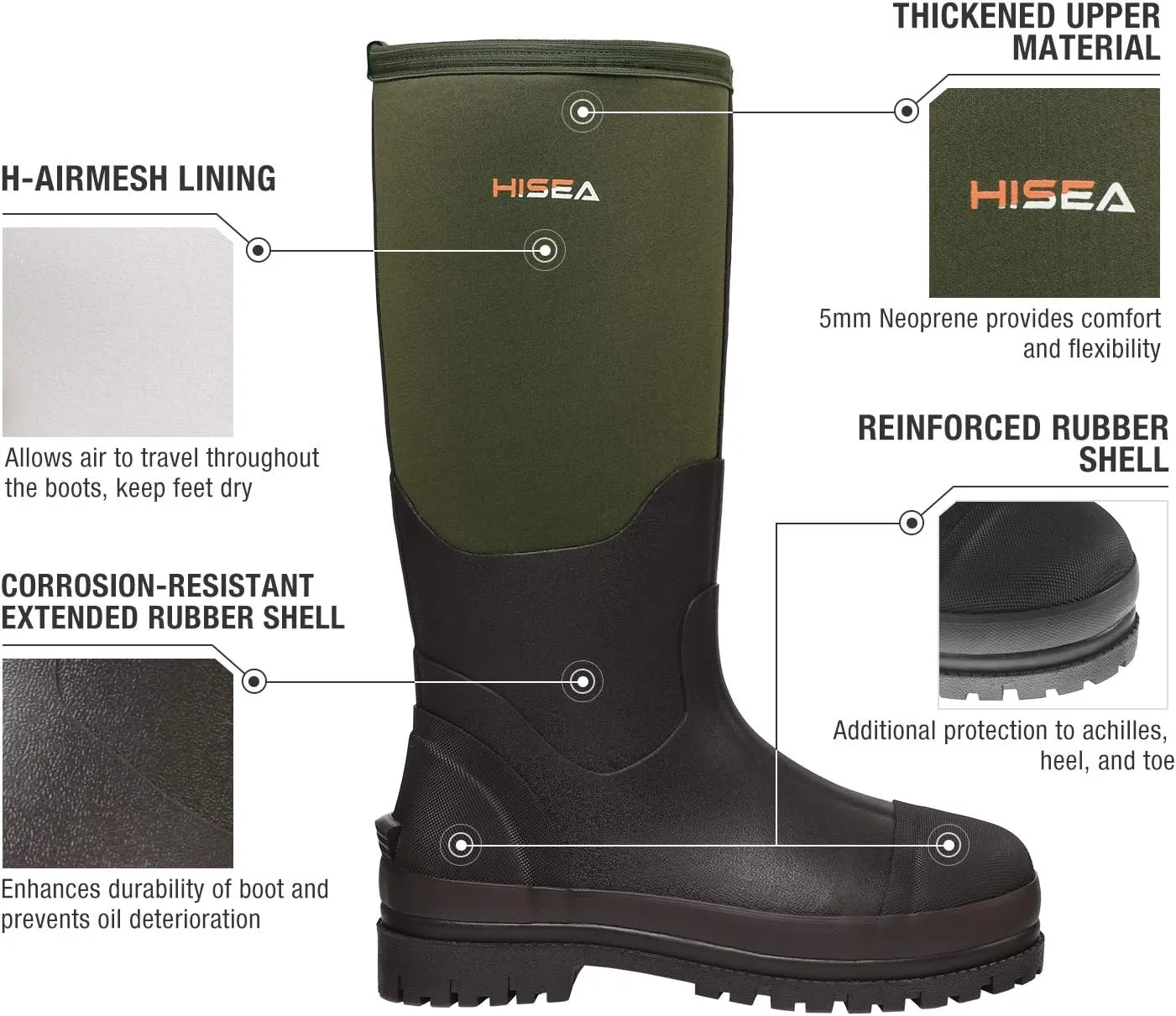 HISEA Men's Rubber Neoprene Rain Boots, Snow Boots - Tall Warm Waterproof Mens Winter Boots Durable Slip Resistant Boots for Men Outdoor Working, Hunting, Fishing