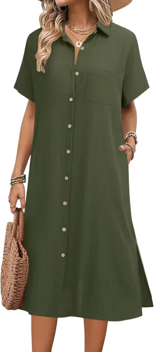 HOTOUCH Womens Dress Summer Casual Midi Short Sleeve Button Down Shirt Dress Loose Beach Cover Up Dress with Pockets