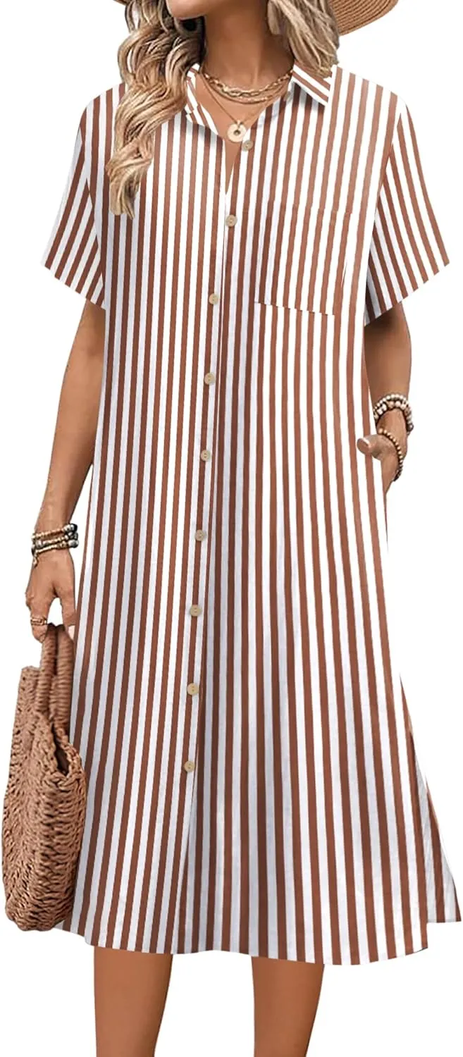 HOTOUCH Womens Dress Summer Casual Midi Short Sleeve Button Down Shirt Dresses Loose Beach Cover Up with Pockets